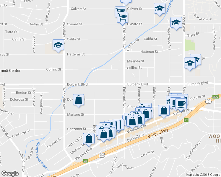 map of restaurants, bars, coffee shops, grocery stores, and more near 22858 Burbank Boulevard in Woodland Hills