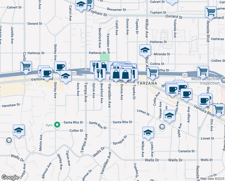 map of restaurants, bars, coffee shops, grocery stores, and more near 5516 Vanalden Avenue in Los Angeles