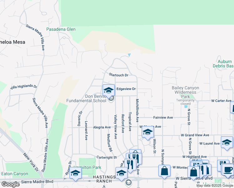 map of restaurants, bars, coffee shops, grocery stores, and more near 3765 Denair Street in Pasadena