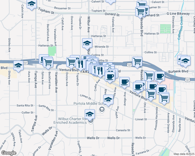 map of restaurants, bars, coffee shops, grocery stores, and more near 18800 Ventura Boulevard in Los Angeles