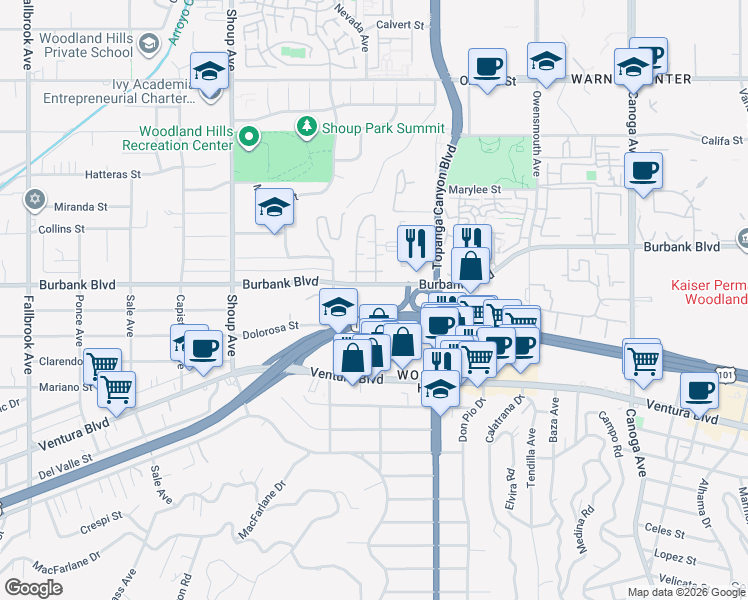 map of restaurants, bars, coffee shops, grocery stores, and more near 21051 Oxnard Street in Los Angeles