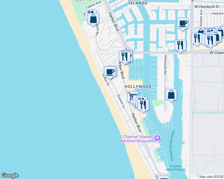 map of restaurants, bars, coffee shops, grocery stores, and more near 3928 Ocean Drive in Oxnard