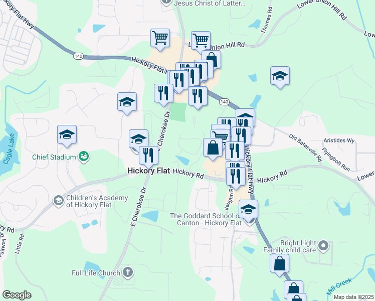 map of restaurants, bars, coffee shops, grocery stores, and more near 351 Cherokee Station Drive in Woodstock