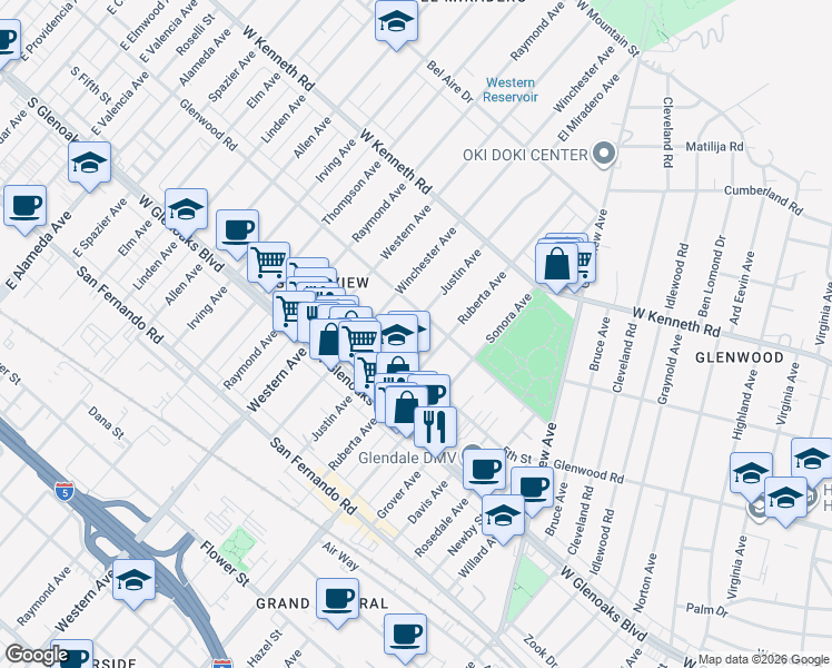 map of restaurants, bars, coffee shops, grocery stores, and more near 1172 Justin Avenue in Glendale