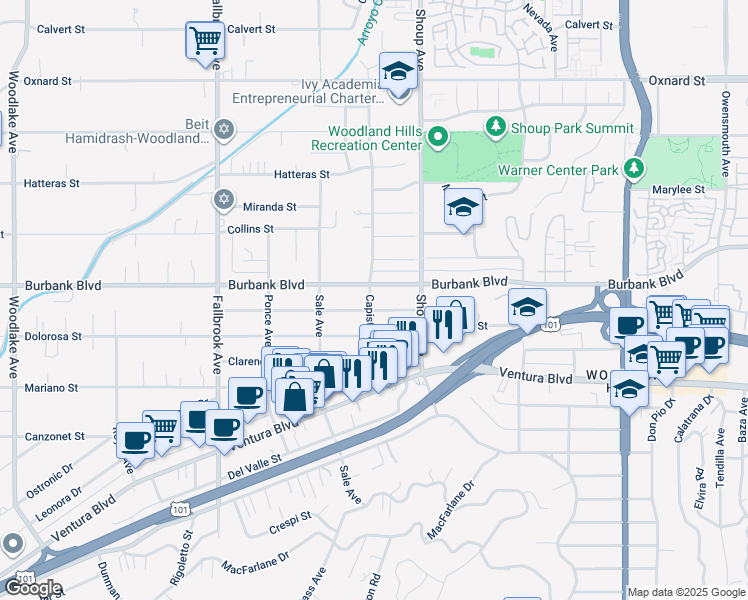 map of restaurants, bars, coffee shops, grocery stores, and more near 5540 Capistrano Avenue in Los Angeles