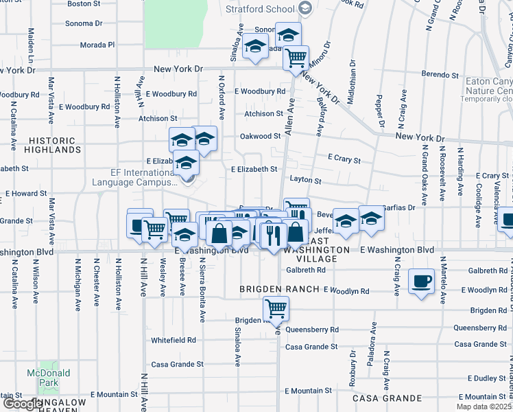 map of restaurants, bars, coffee shops, grocery stores, and more near 1757 Beverly Drive in Pasadena