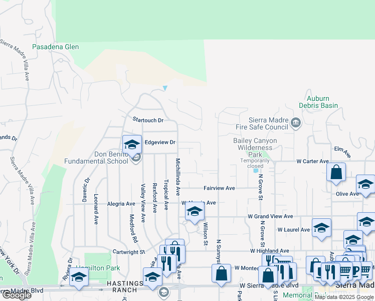 map of restaurants, bars, coffee shops, grocery stores, and more near 526 Michillinda Way in Sierra Madre