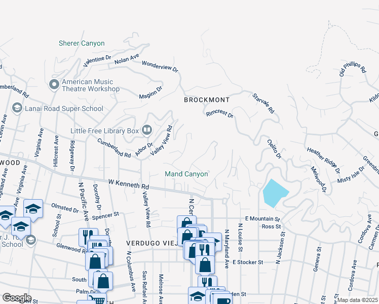 map of restaurants, bars, coffee shops, grocery stores, and more near 1640 Cumberland Terrace in Glendale