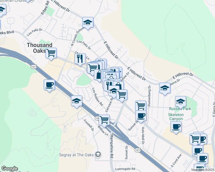 map of restaurants, bars, coffee shops, grocery stores, and more near in Thousand Oaks