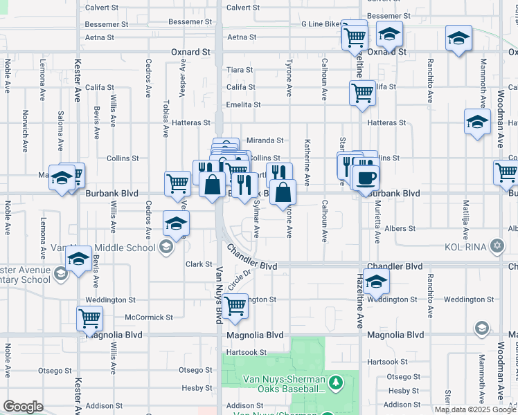 map of restaurants, bars, coffee shops, grocery stores, and more near 14348 Burbank Boulevard in Los Angeles