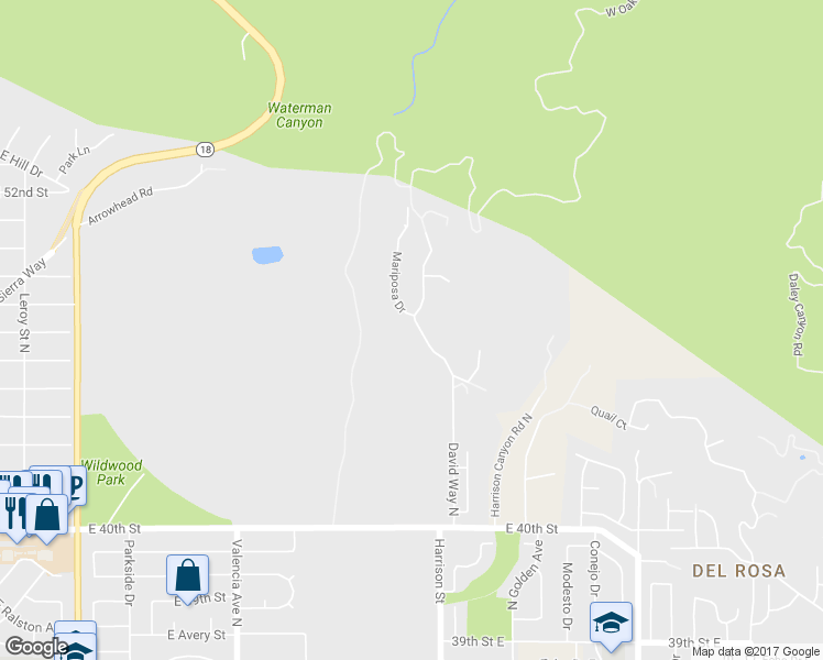 map of restaurants, bars, coffee shops, grocery stores, and more near 4704 David Way North in San Bernardino