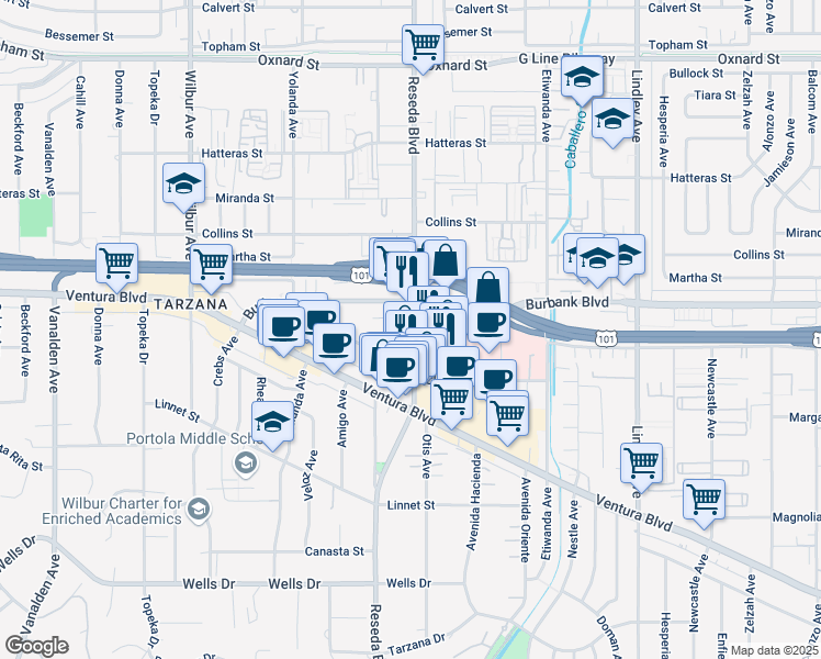 map of restaurants, bars, coffee shops, grocery stores, and more near 5557e Reseda Boulevard in Los Angeles