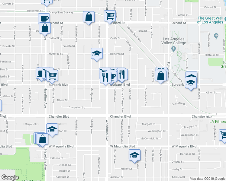 map of restaurants, bars, coffee shops, grocery stores, and more near 5539 Buffalo Avenue in Los Angeles