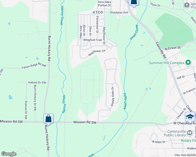 map of restaurants, bars, coffee shops, grocery stores, and more near 34 Twelve Oaks Drive Southeast in Cartersville