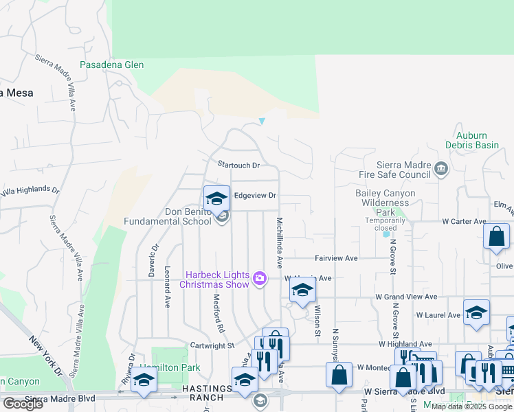 map of restaurants, bars, coffee shops, grocery stores, and more near 3835 Denair St in Pasadena