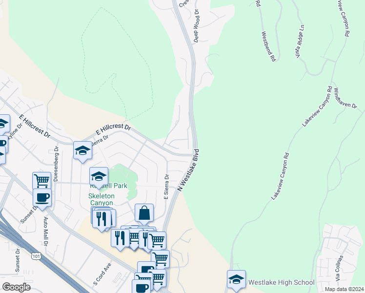 map of restaurants, bars, coffee shops, grocery stores, and more near 4059 Stoneriver Court in Westlake Village