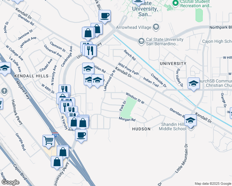 map of restaurants, bars, coffee shops, grocery stores, and more near 1589 Windsor Street West in San Bernardino
