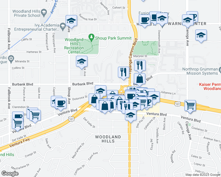 map of restaurants, bars, coffee shops, grocery stores, and more near 22100 Burbank Boulevard in Los Angeles