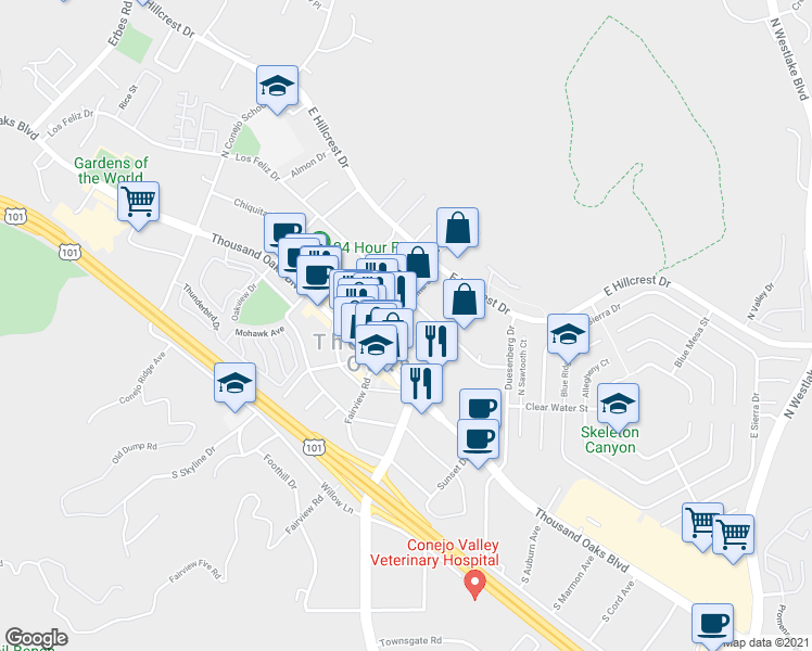 map of restaurants, bars, coffee shops, grocery stores, and more near 100 North Skyline Drive in Thousand Oaks