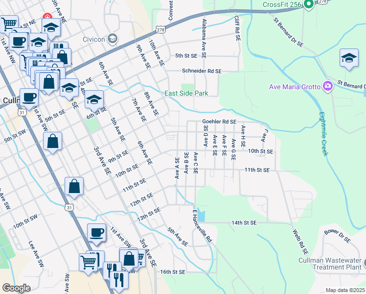 map of restaurants, bars, coffee shops, grocery stores, and more near 1319 10th Street Southeast in Cullman