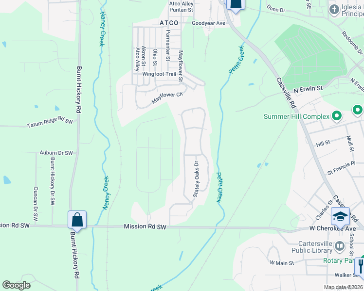 map of restaurants, bars, coffee shops, grocery stores, and more near 34 Twelve Oaks Drive Southeast in Cartersville