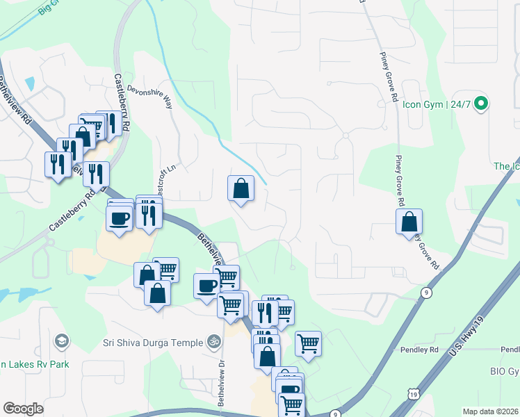 map of restaurants, bars, coffee shops, grocery stores, and more near 6320 Turfway Drive in Cumming