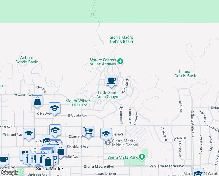 map of restaurants, bars, coffee shops, grocery stores, and more near 549 Brookside Lane in Sierra Madre