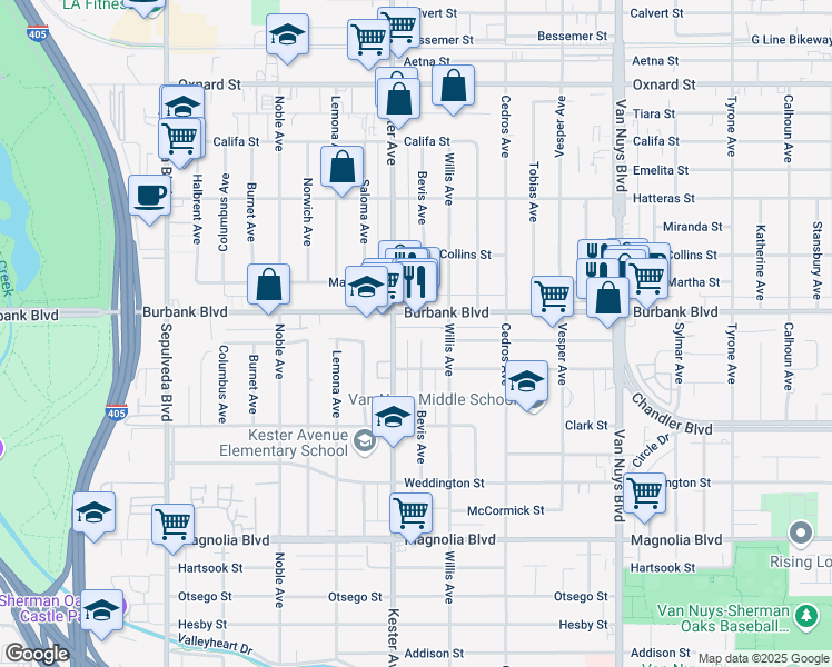 map of restaurants, bars, coffee shops, grocery stores, and more near 5537 Bevis Avenue in Los Angeles