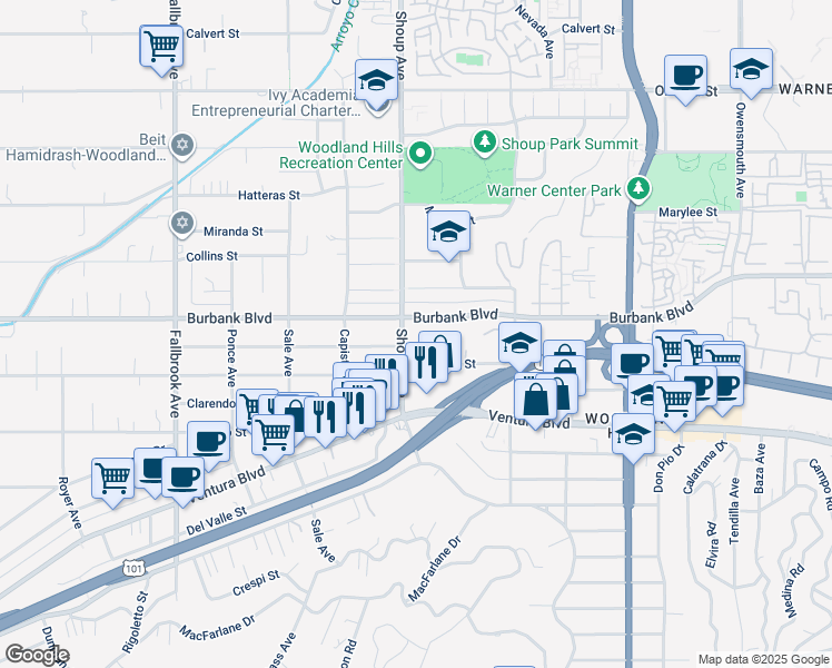 map of restaurants, bars, coffee shops, grocery stores, and more near 22354 Burbank Boulevard in Los Angeles