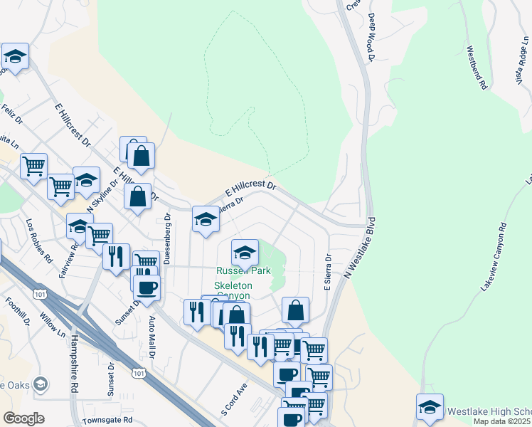 map of restaurants, bars, coffee shops, grocery stores, and more near 3131 West Black Hills Court in Thousand Oaks