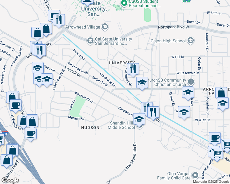 map of restaurants, bars, coffee shops, grocery stores, and more near 1460 Kendall Drive in San Bernardino