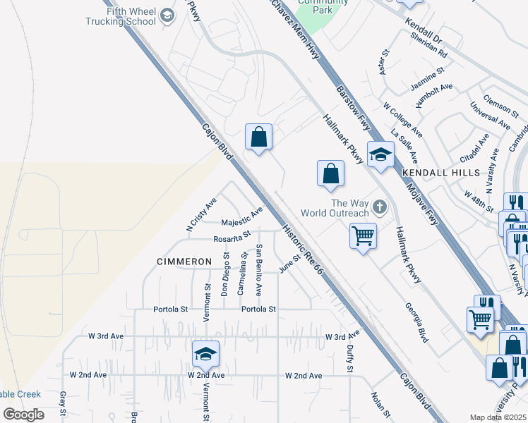 map of restaurants, bars, coffee shops, grocery stores, and more near 2605 Majestic Avenue in San Bernardino