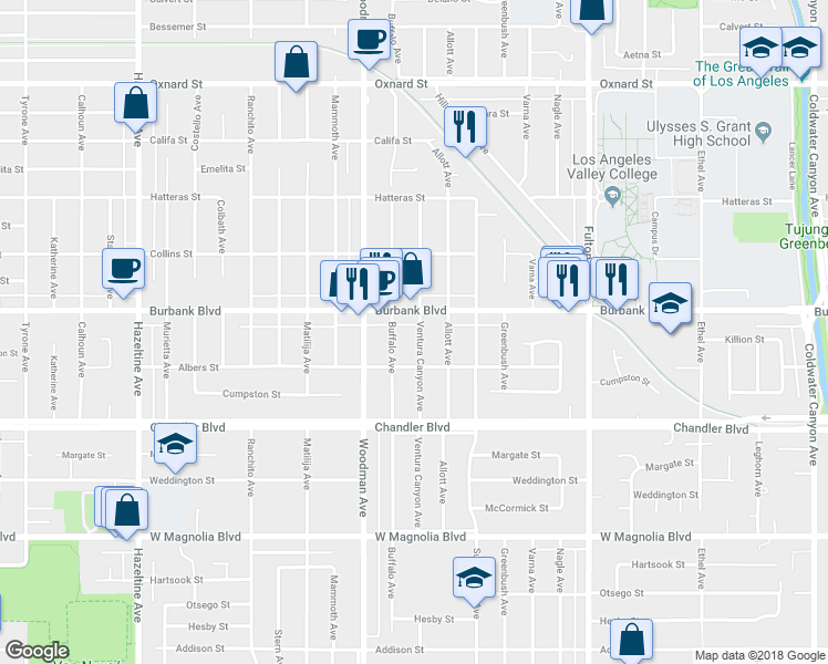 map of restaurants, bars, coffee shops, grocery stores, and more near 5539 Ventura Canyon Avenue in Los Angeles