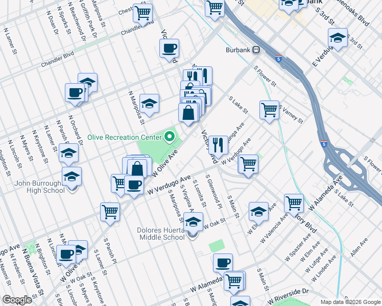 map of restaurants, bars, coffee shops, grocery stores, and more near 1005 West Angeleno Avenue in Burbank