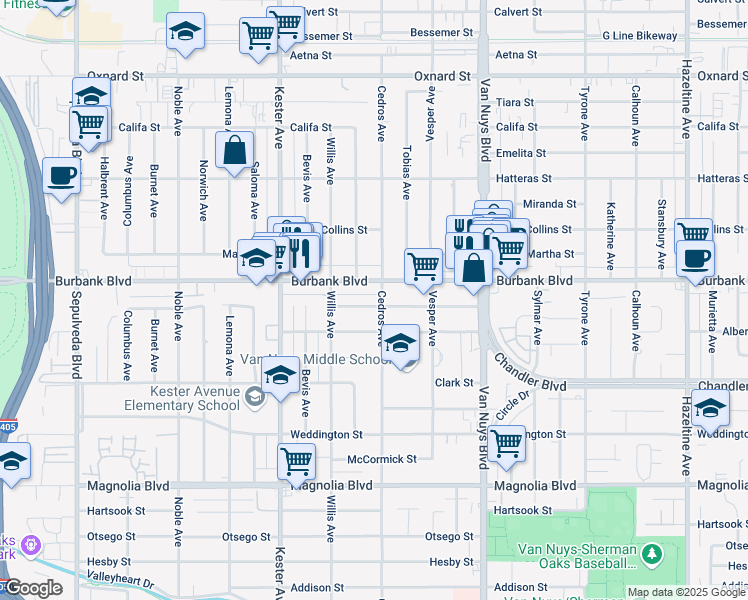 map of restaurants, bars, coffee shops, grocery stores, and more near 14707 Killion Street in Los Angeles