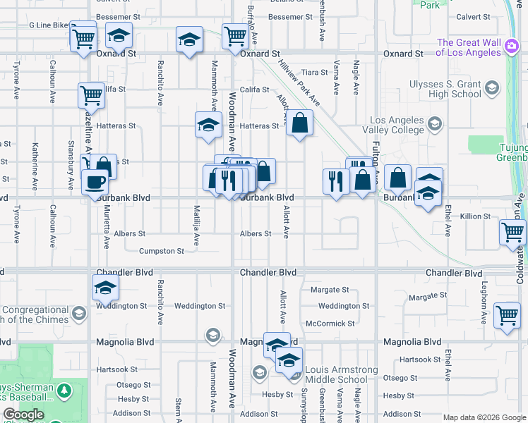 map of restaurants, bars, coffee shops, grocery stores, and more near 5539 Ventura Canyon Avenue in Los Angeles