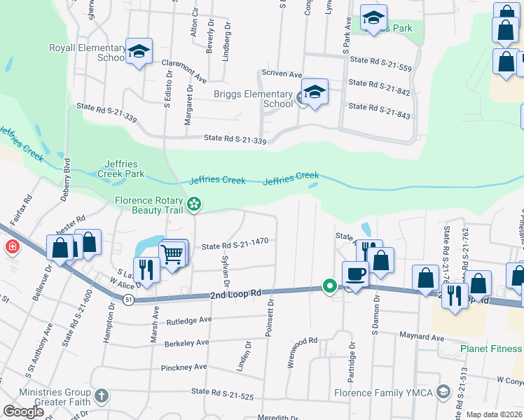 map of restaurants, bars, coffee shops, grocery stores, and more near 1109 State Road S-21-521 in Florence