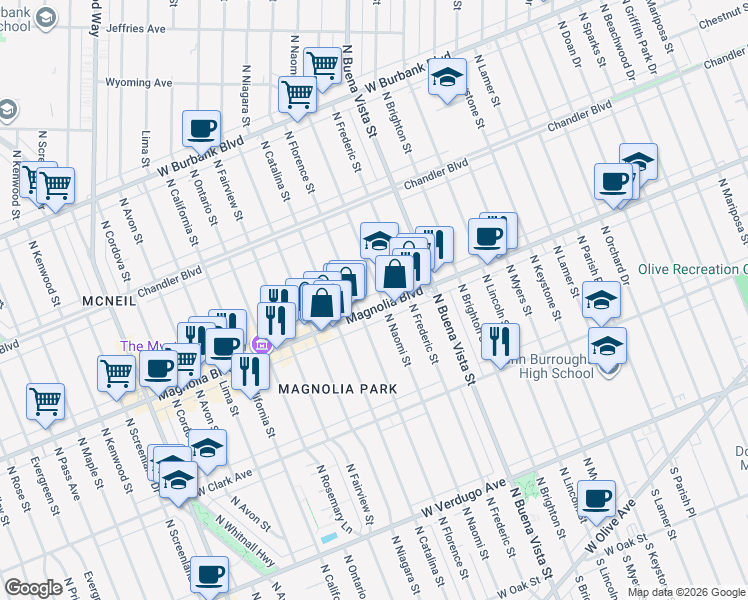 map of restaurants, bars, coffee shops, grocery stores, and more near in Burbank