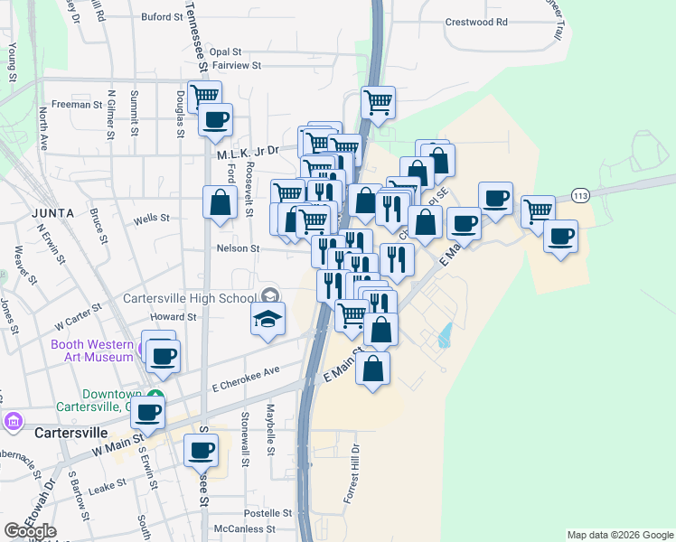 map of restaurants, bars, coffee shops, grocery stores, and more near Joe Frank Harris Parkway Southeast in Cartersville