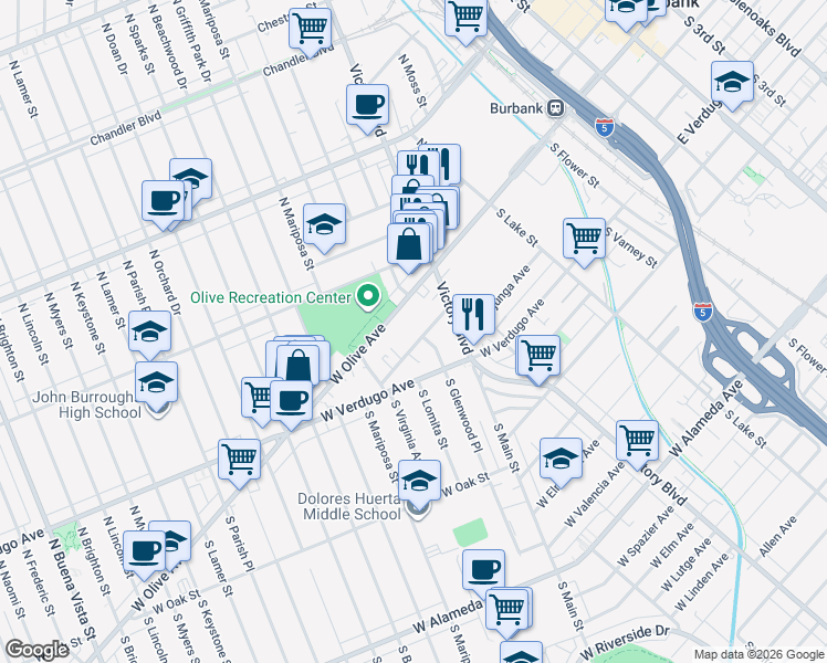 map of restaurants, bars, coffee shops, grocery stores, and more near 1009 West Angeleno Avenue in Burbank