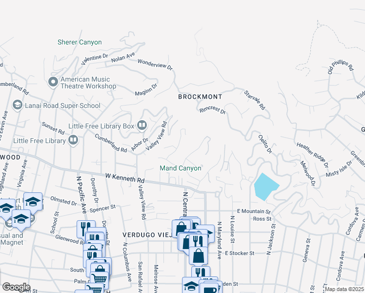 map of restaurants, bars, coffee shops, grocery stores, and more near 1640 Cumberland Terrace in Glendale