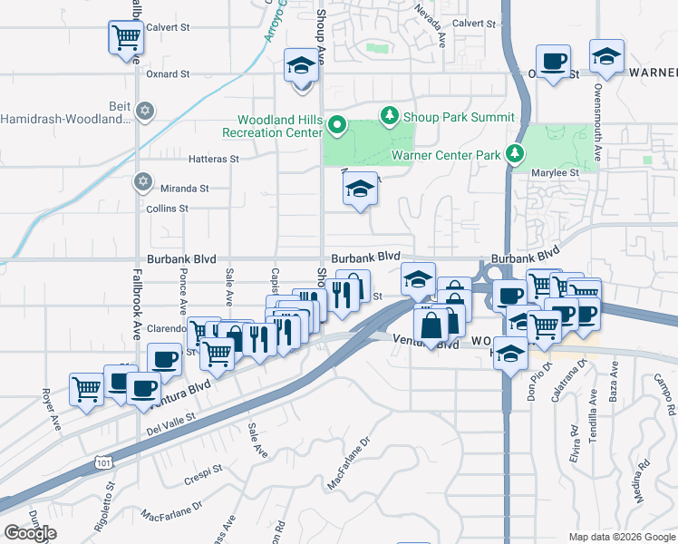 map of restaurants, bars, coffee shops, grocery stores, and more near 22346 Burbank Boulevard in Los Angeles