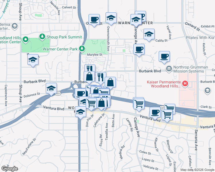map of restaurants, bars, coffee shops, grocery stores, and more near 5530 Owensmouth Avenue in Los Angeles