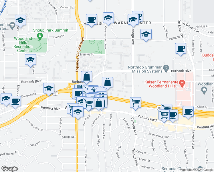map of restaurants, bars, coffee shops, grocery stores, and more near 5510 Owensmouth Avenue in Los Angeles