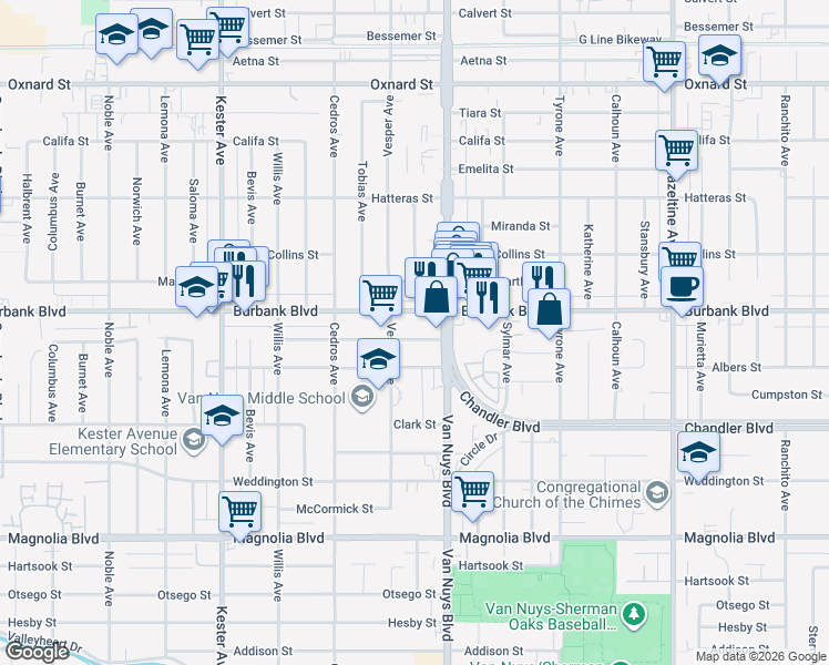map of restaurants, bars, coffee shops, grocery stores, and more near 14535 Killion Street in Los Angeles