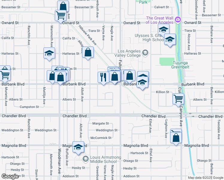 map of restaurants, bars, coffee shops, grocery stores, and more near 13329 Killion Street in Los Angeles