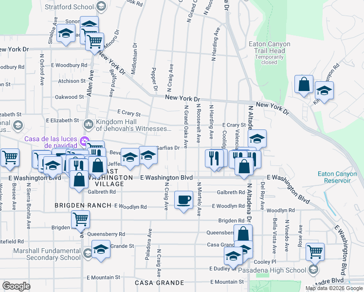 map of restaurants, bars, coffee shops, grocery stores, and more near 1469 North Grand Oaks Avenue in Pasadena