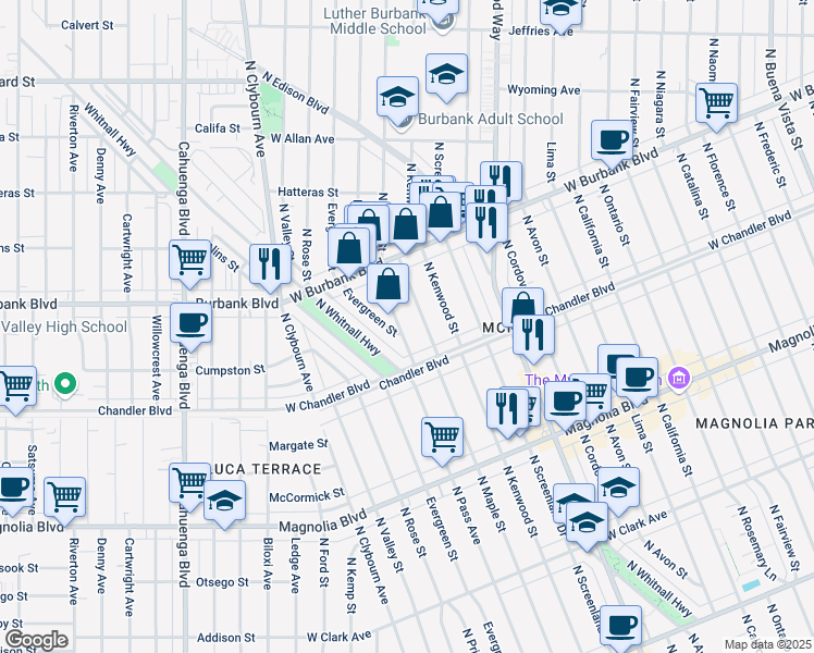 map of restaurants, bars, coffee shops, grocery stores, and more near 1234 North Pass Avenue in Burbank
