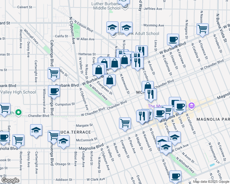 map of restaurants, bars, coffee shops, grocery stores, and more near 1234 North Pass Avenue in Burbank