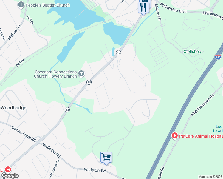 map of restaurants, bars, coffee shops, grocery stores, and more near 5906 Norton Cir in Flowery Branch